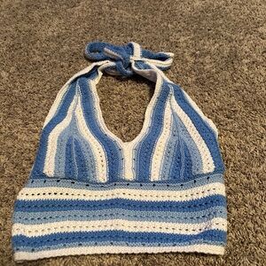 Hollister Blue and White Striped Crochet Tank Top